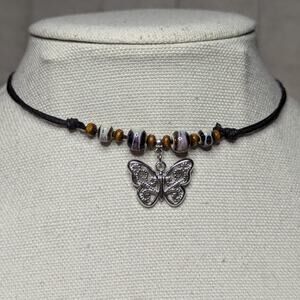 Butterfly Charm Ceramic Beaded Silver Brown White Boho Hippie Y2KChoker Necklace